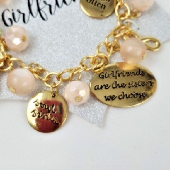 Girlfriend Toggle charm Bracelet Friends Gold faux pearls heart gold blush pink - Picture 3 of 11